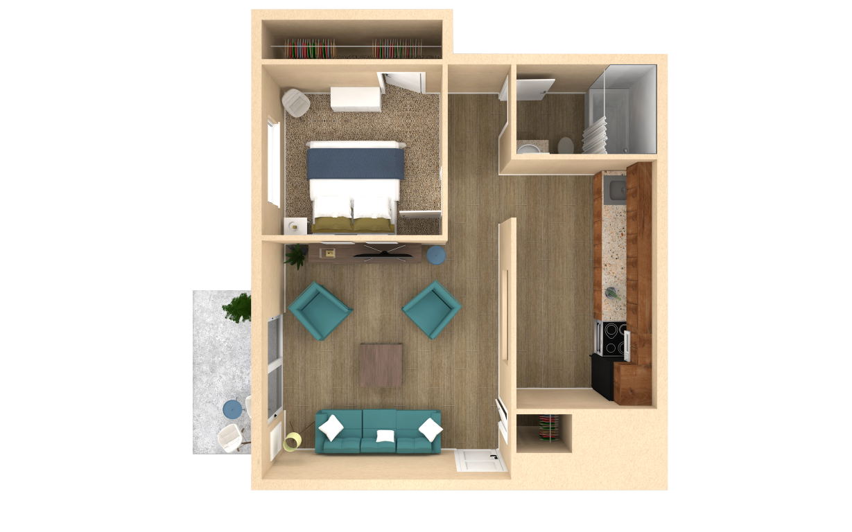 Floor plan for 1 bed, 1 bath, 670 sqft